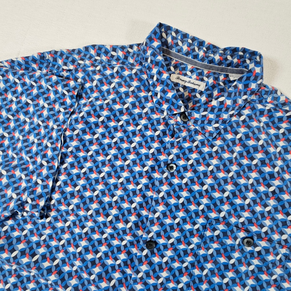 Tommy Bahama Shirt Mens XXL Blue Geometric Mosaic 100% Silk Short Sleeve Button